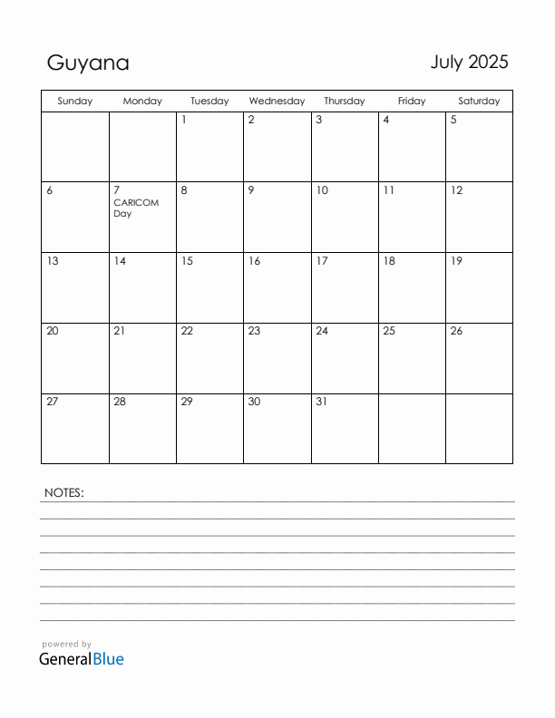 July 2025 Guyana Calendar with Holidays (Sunday Start)
