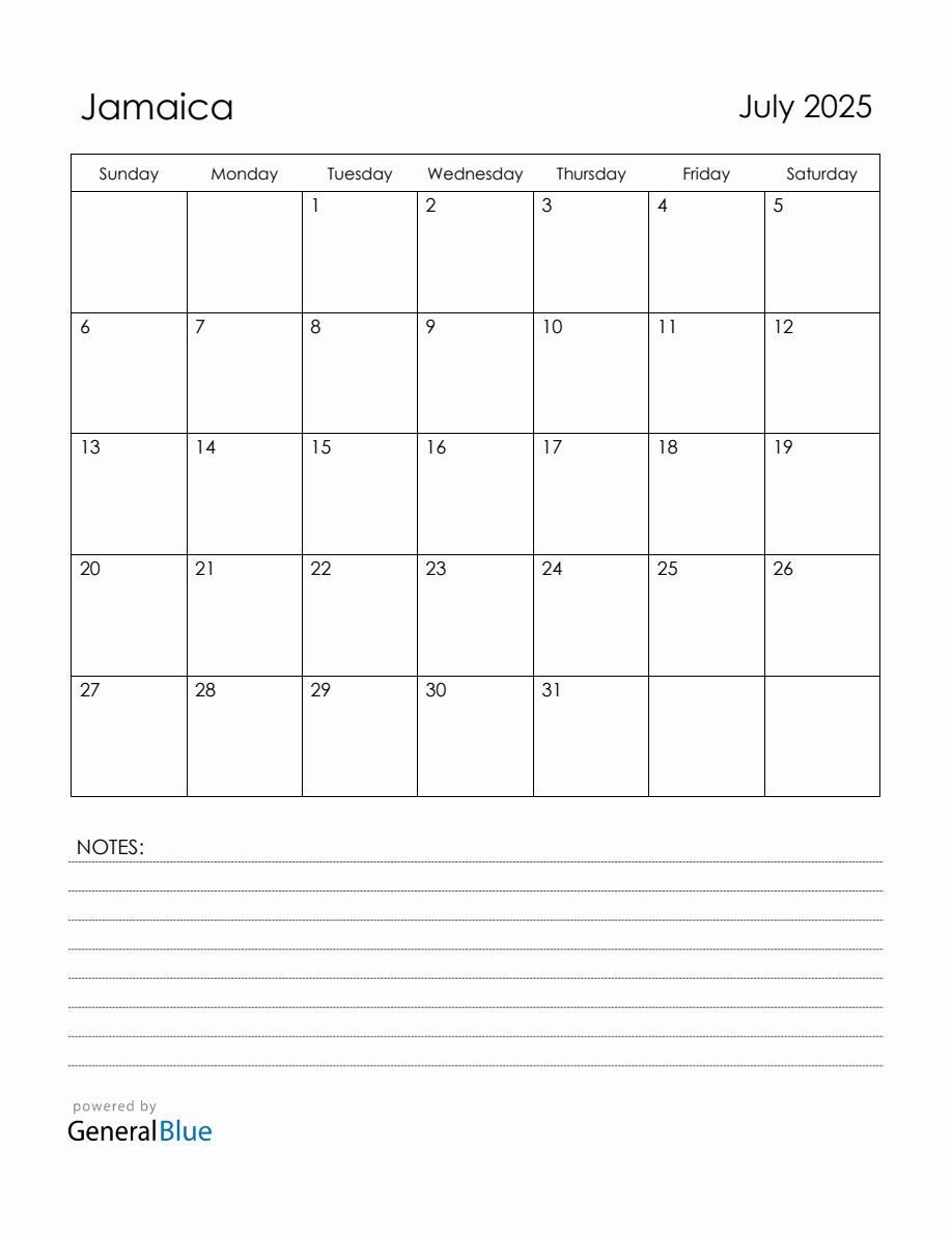 July 2025 Jamaica Calendar with Holidays