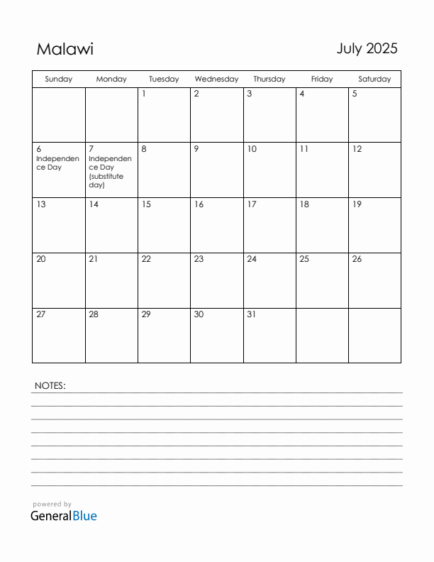 July 2025 Malawi Calendar with Holidays (Sunday Start)