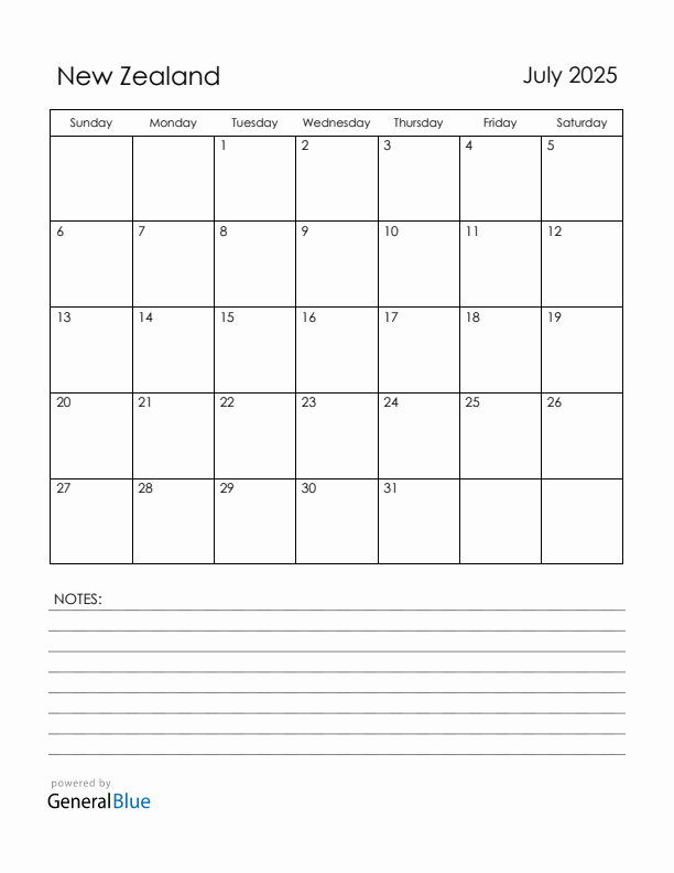 July 2025 New Zealand Calendar with Holidays (Sunday Start)