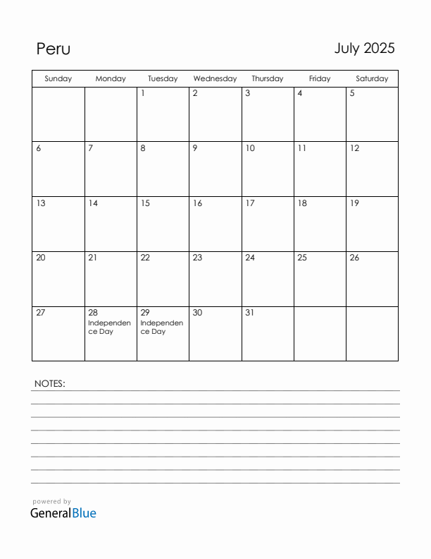 July 2025 Peru Calendar with Holidays (Sunday Start)