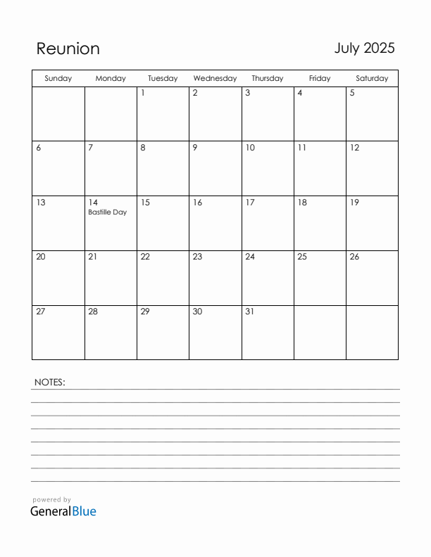 July 2025 Reunion Calendar with Holidays (Sunday Start)