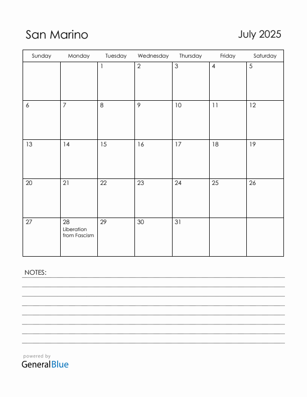 July 2025 San Marino Calendar with Holidays (Sunday Start)