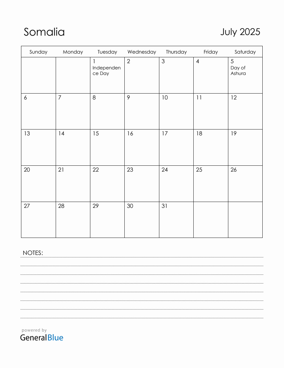 July 2025 Somalia Calendar with Holidays