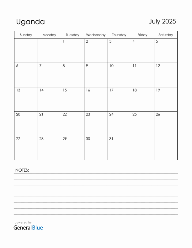 July 2025 Uganda Calendar with Holidays (Sunday Start)