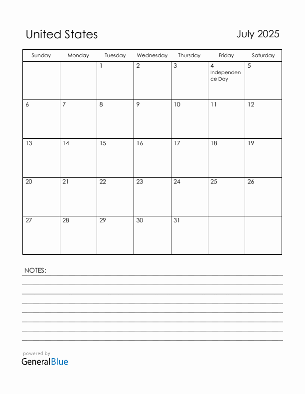 July 2025 United States Calendar with Holidays (Sunday Start)
