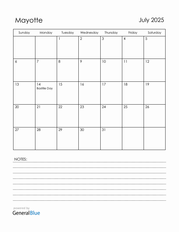July 2025 Mayotte Calendar with Holidays (Sunday Start)
