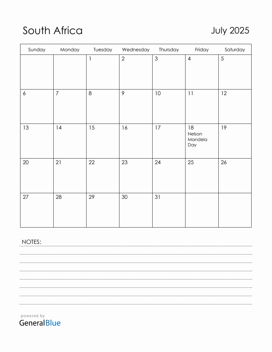 July 2025 South Africa Calendar with Holidays