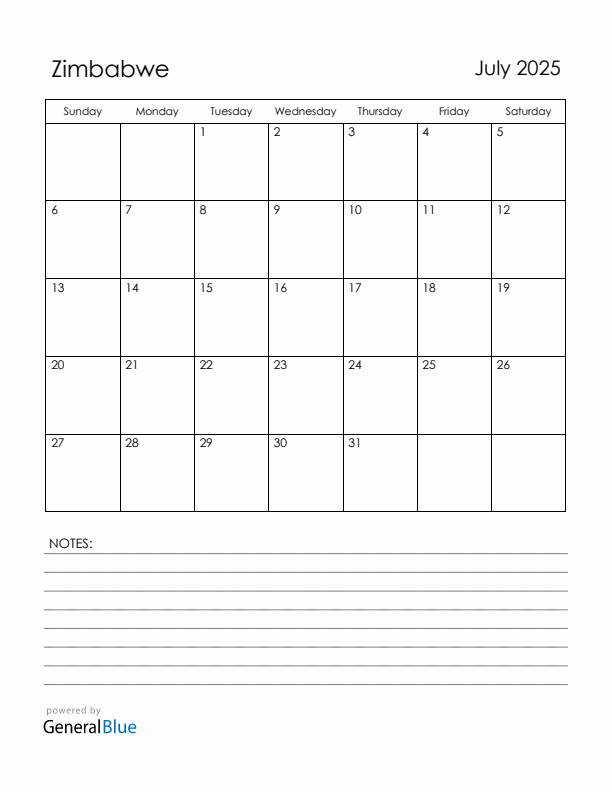 July 2025 Zimbabwe Calendar with Holidays (Sunday Start)