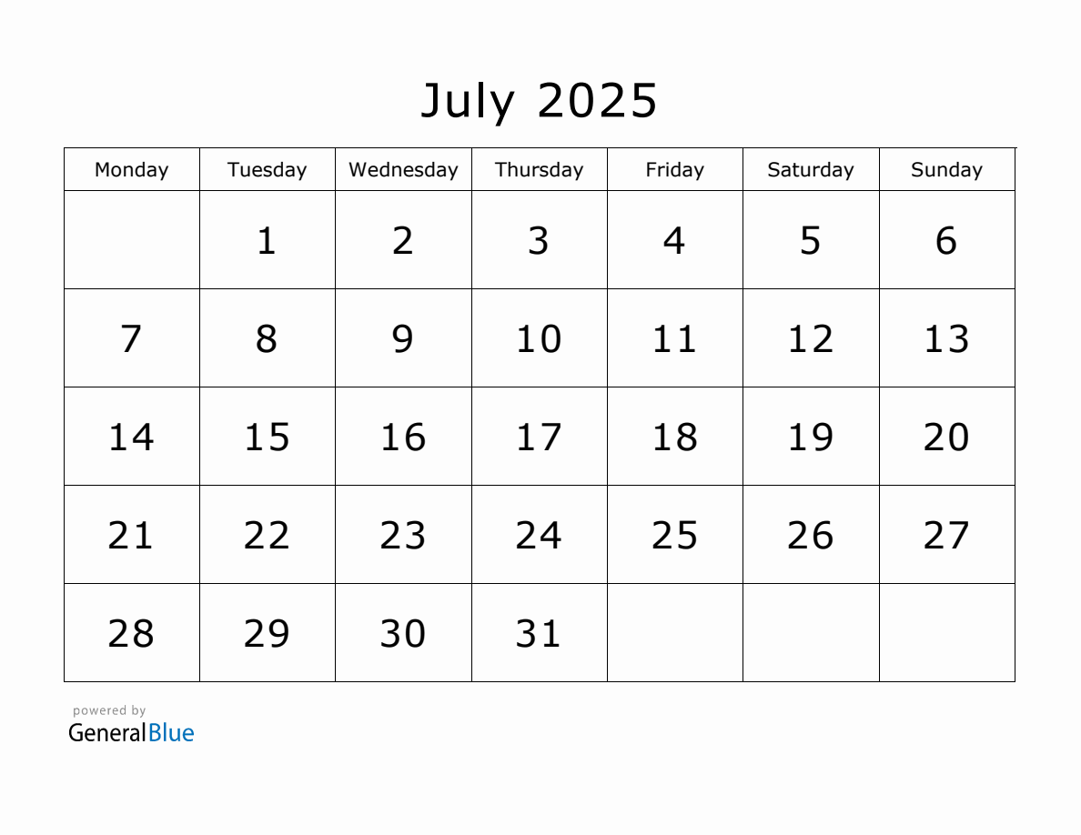 July Calendar For 2025