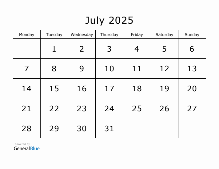 Printable July 2025 Calendar - Monday Start