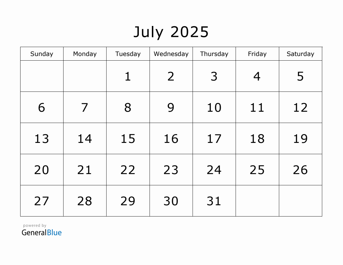 Printable July 2025 Calendar