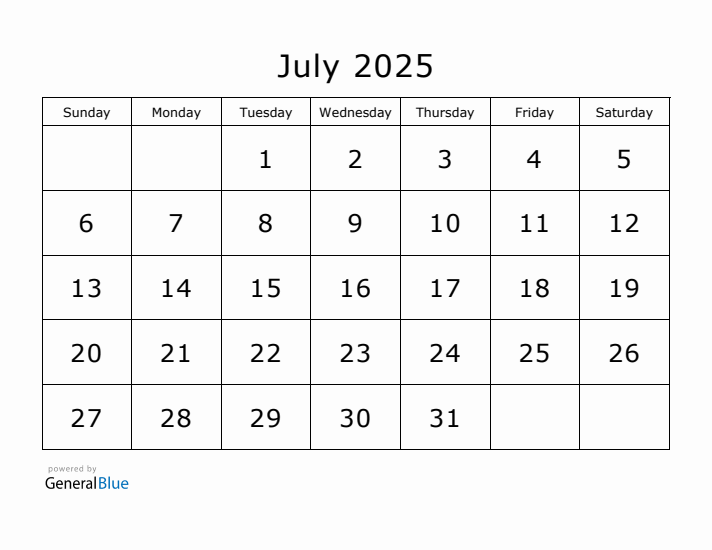 Printable July 2025 Calendar - Sunday Start