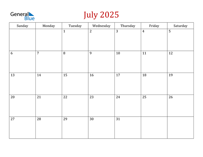 July 2025 Calendar (PDF Word Excel)