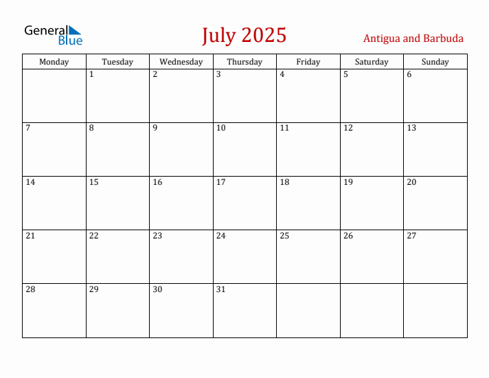 Antigua and Barbuda July 2025 Calendar - Monday Start
