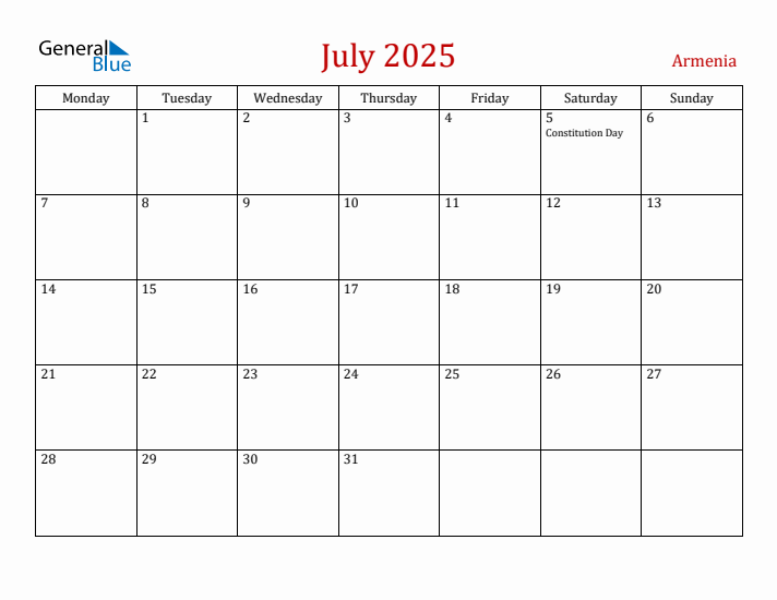 Armenia July 2025 Calendar - Monday Start
