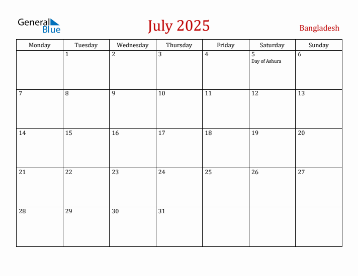 Bangladesh July 2025 Calendar - Monday Start