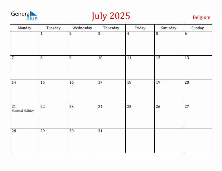Belgium July 2025 Calendar - Monday Start
