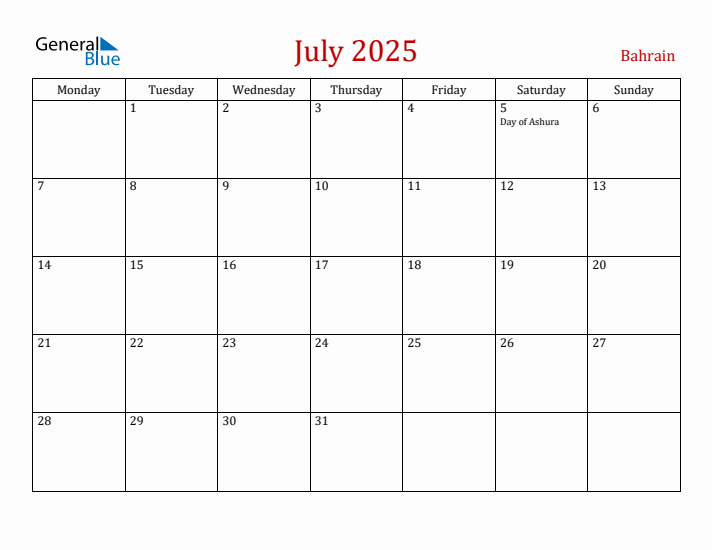 Bahrain July 2025 Calendar - Monday Start