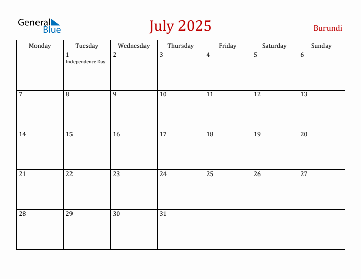 Burundi July 2025 Calendar - Monday Start