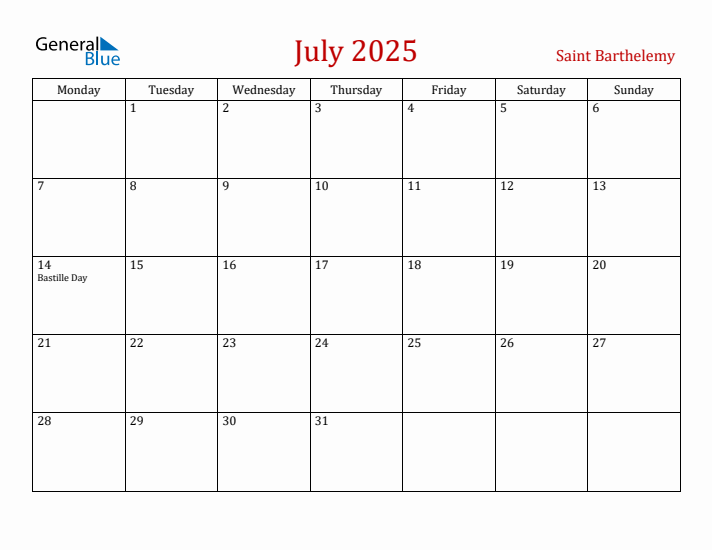 Saint Barthelemy July 2025 Calendar - Monday Start
