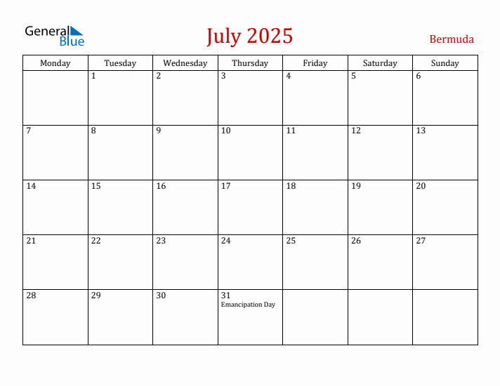Bermuda July 2025 Calendar - Monday Start