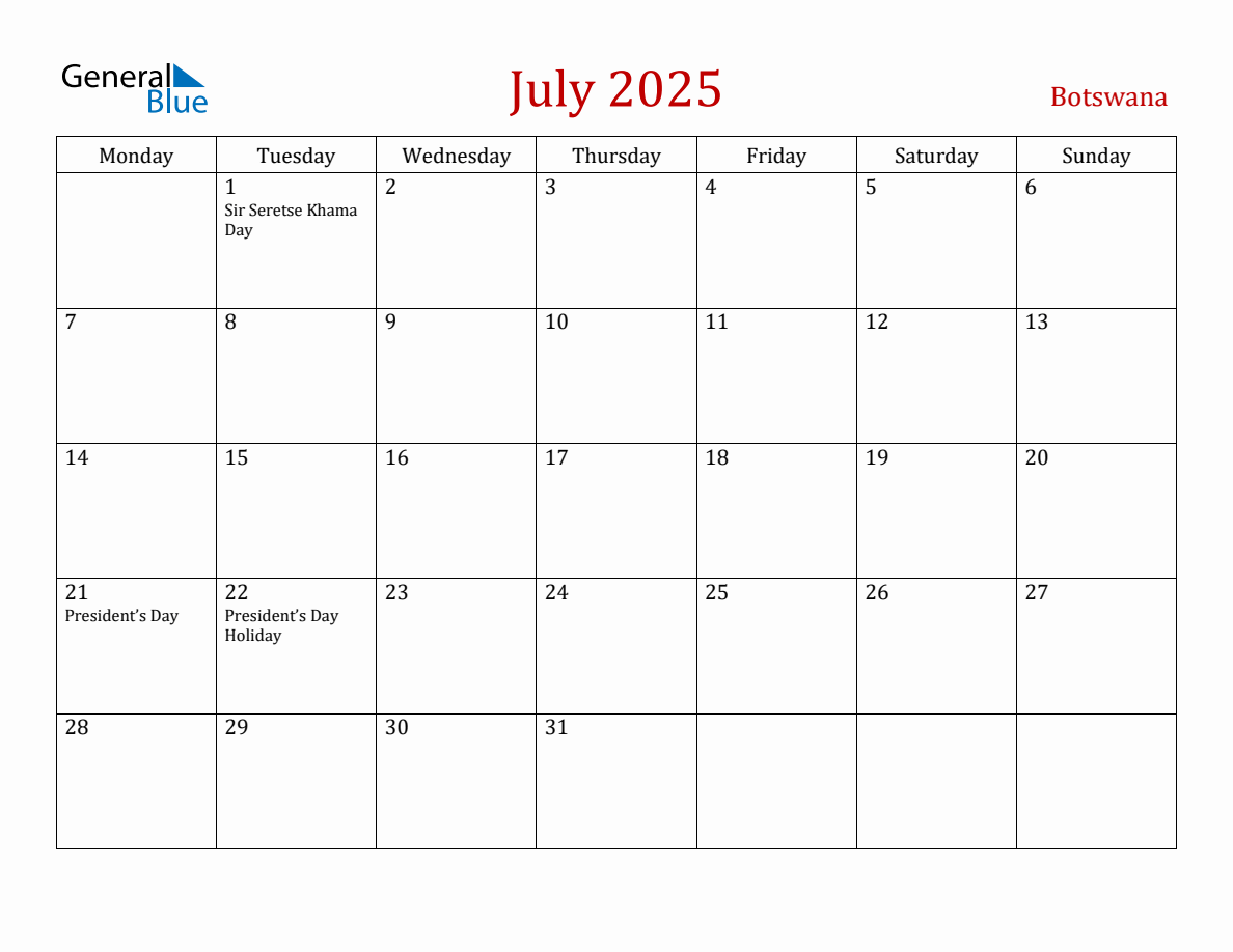 July 2025 Botswana Monthly Calendar with Holidays