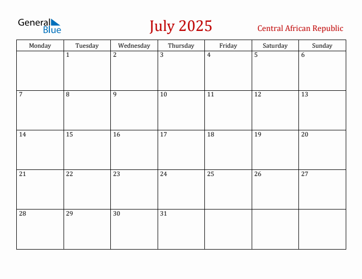 Central African Republic July 2025 Calendar - Monday Start