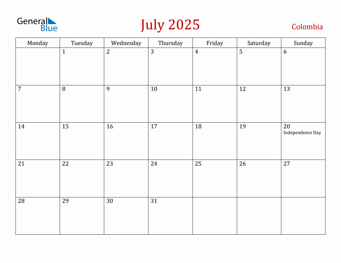 July 2025 Colombia Monthly Calendar with Holidays