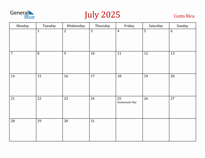 Costa Rica July 2025 Calendar - Monday Start