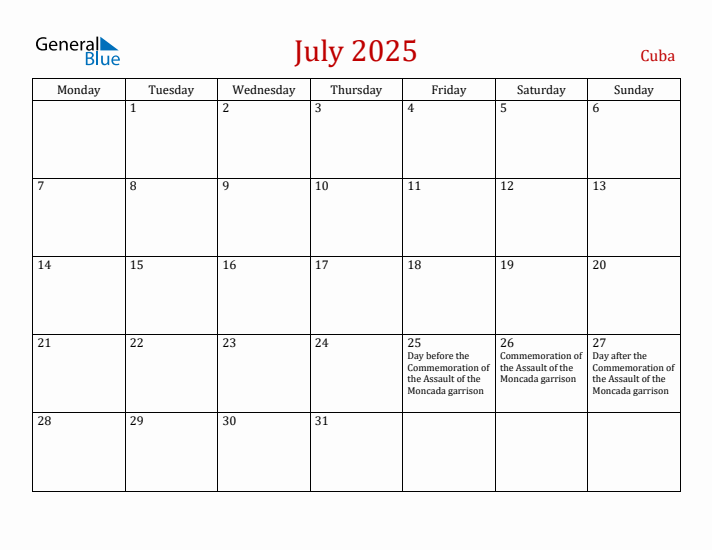 Cuba July 2025 Calendar - Monday Start