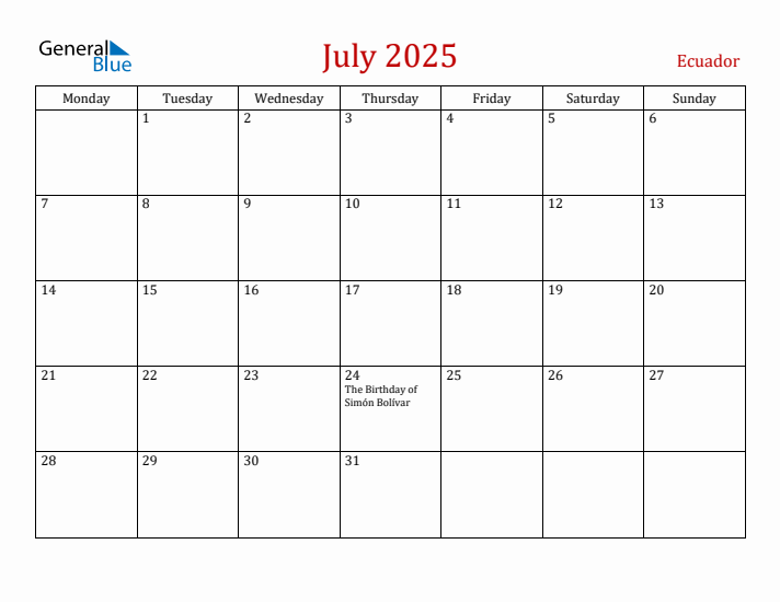 Ecuador July 2025 Calendar - Monday Start