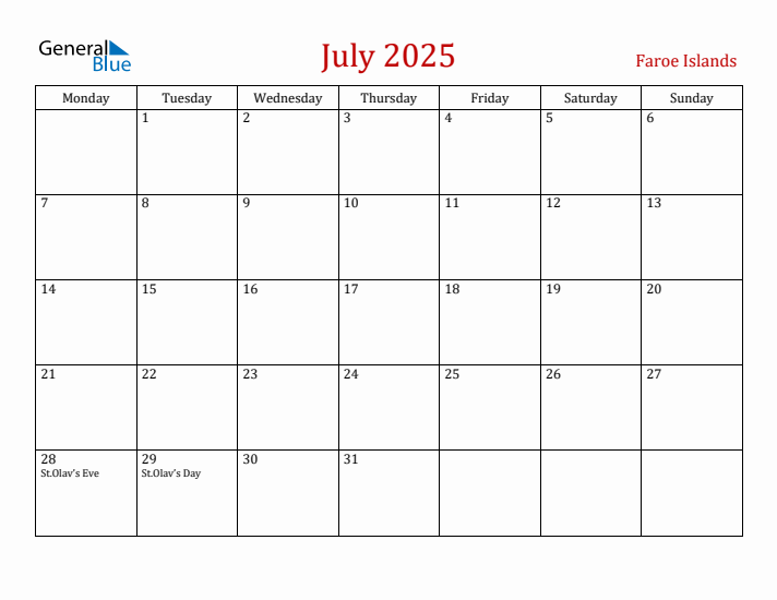 Faroe Islands July 2025 Calendar - Monday Start