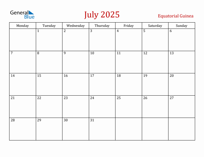 Equatorial Guinea July 2025 Calendar - Monday Start