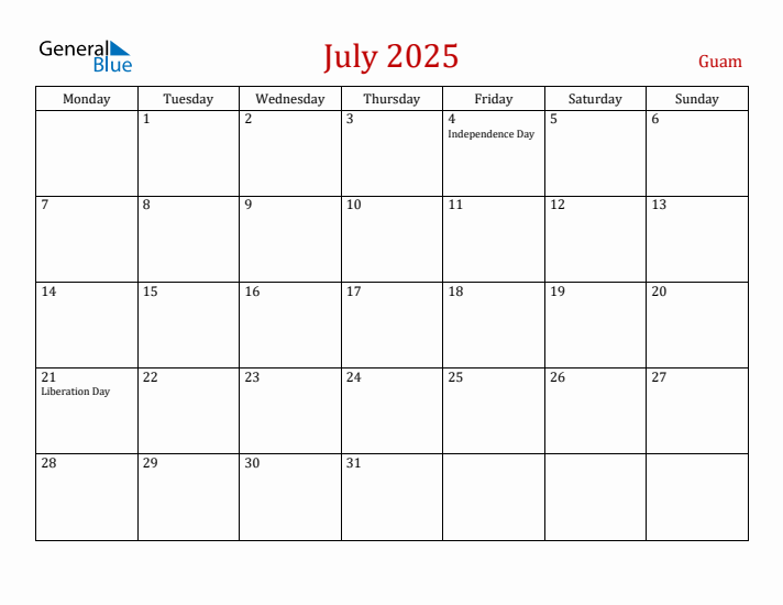 Guam July 2025 Calendar - Monday Start
