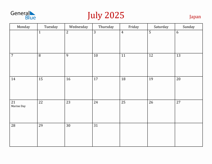 Japan July 2025 Calendar - Monday Start