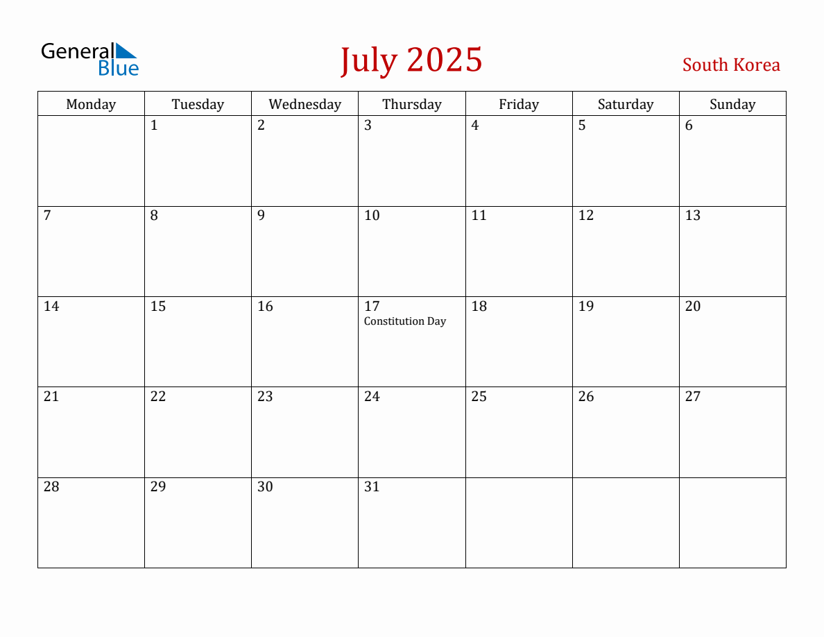 July 2025 South Korea Monthly Calendar with Holidays