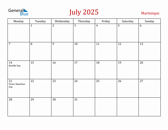 Martinique July 2025 Calendar - Monday Start