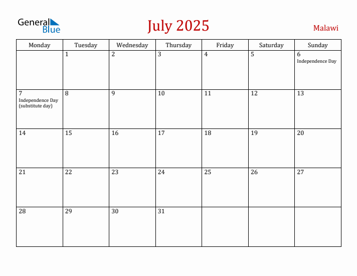 July 2025 Malawi Monthly Calendar with Holidays