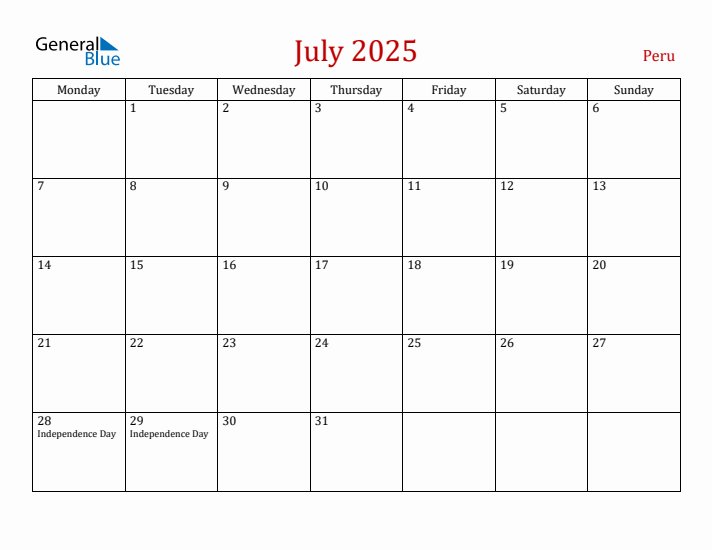 Peru July 2025 Calendar - Monday Start