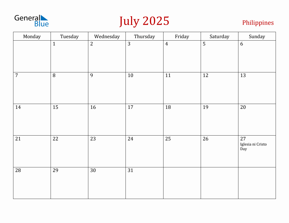 July 2025 Philippines Monthly Calendar with Holidays