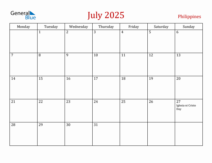 Philippines July 2025 Calendar - Monday Start