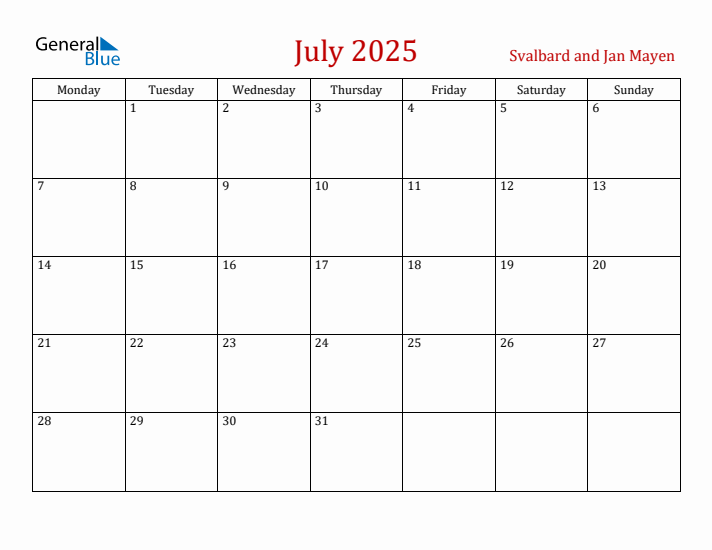 Svalbard and Jan Mayen July 2025 Calendar - Monday Start