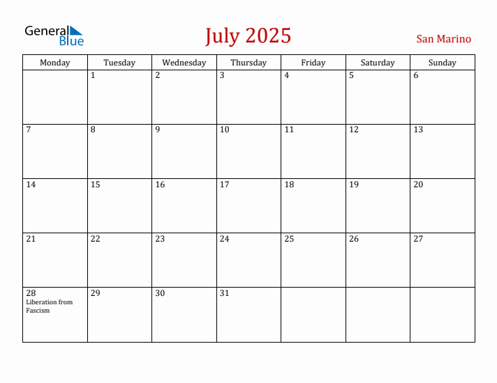 San Marino July 2025 Calendar - Monday Start