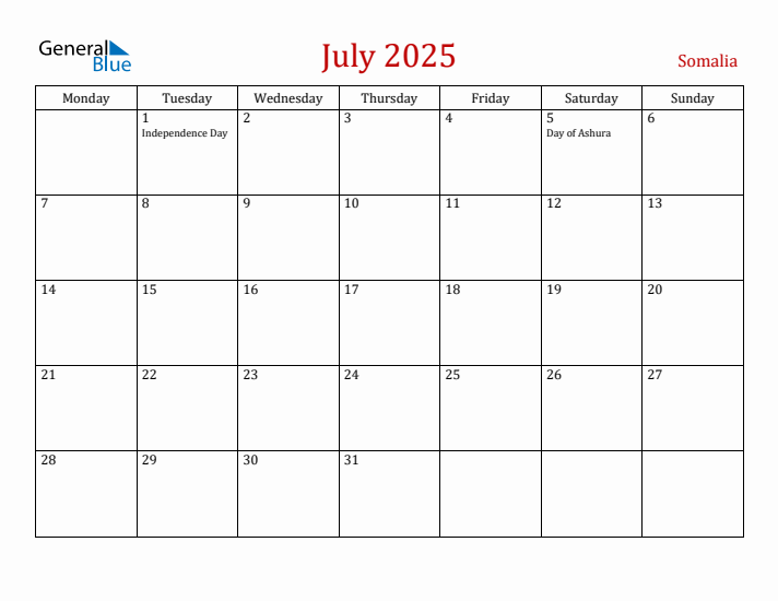 Somalia July 2025 Calendar - Monday Start