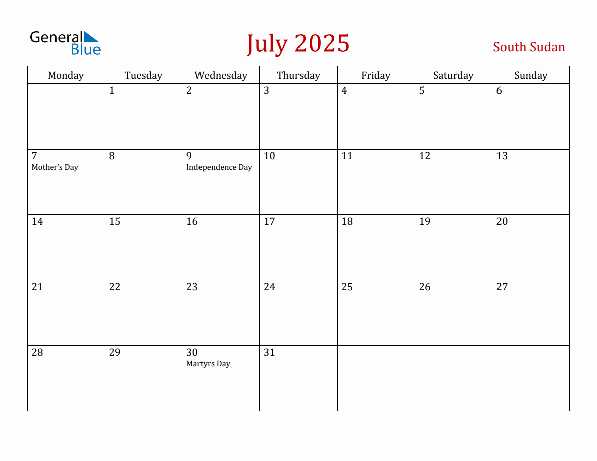 July 2025 South Sudan Monthly Calendar with Holidays