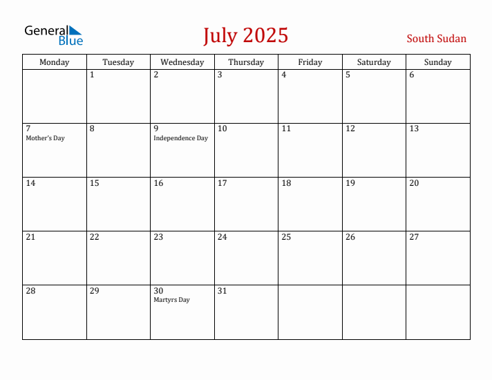 South Sudan July 2025 Calendar - Monday Start