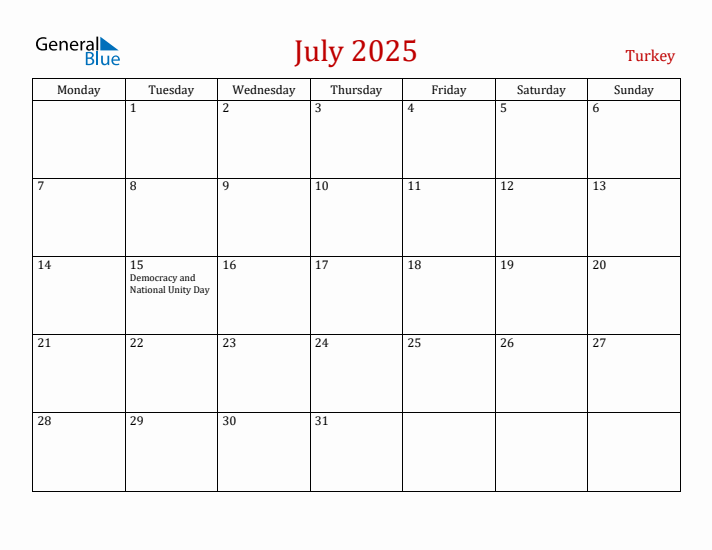 Turkey July 2025 Calendar - Monday Start