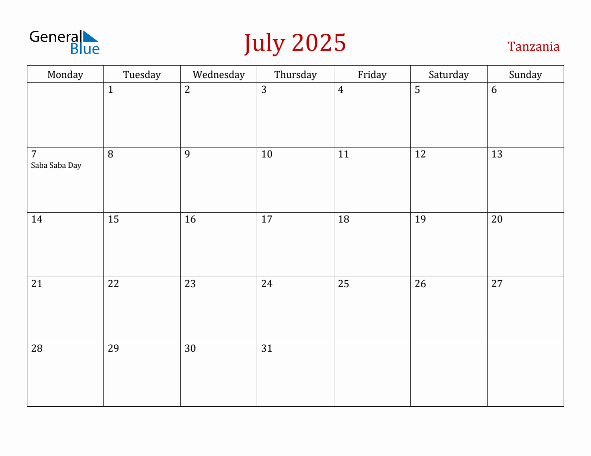 July 2025 Tanzania Monthly Calendar with Holidays