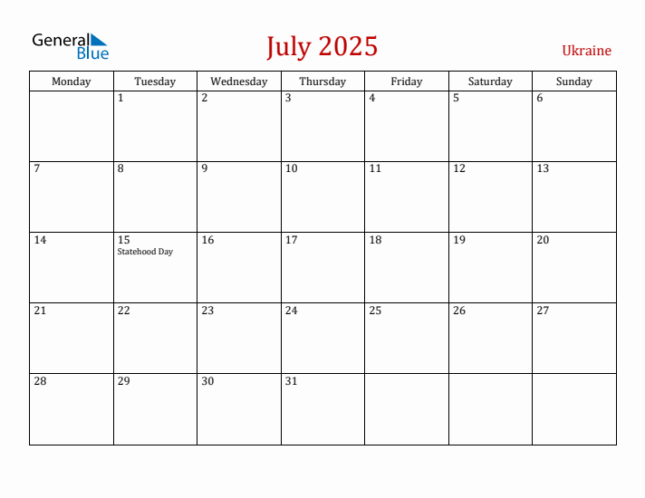 Ukraine July 2025 Calendar - Monday Start